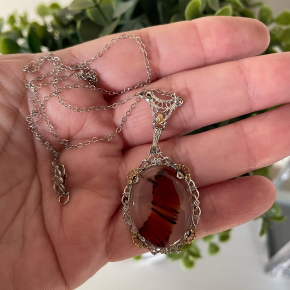 Vtg Art Deco Era Dendritic Moss Agate Two Tone Sterling Silver Lavalier Necklace - Picture 2 of 6